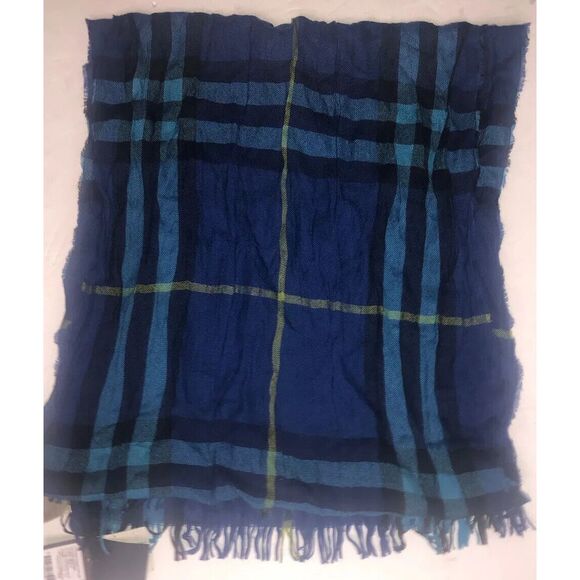 BURBERRY Cerulean Blue Check Wool Cashmere Blend Scarf Scotland 200x45 cm NEW - Picture 4 of 10